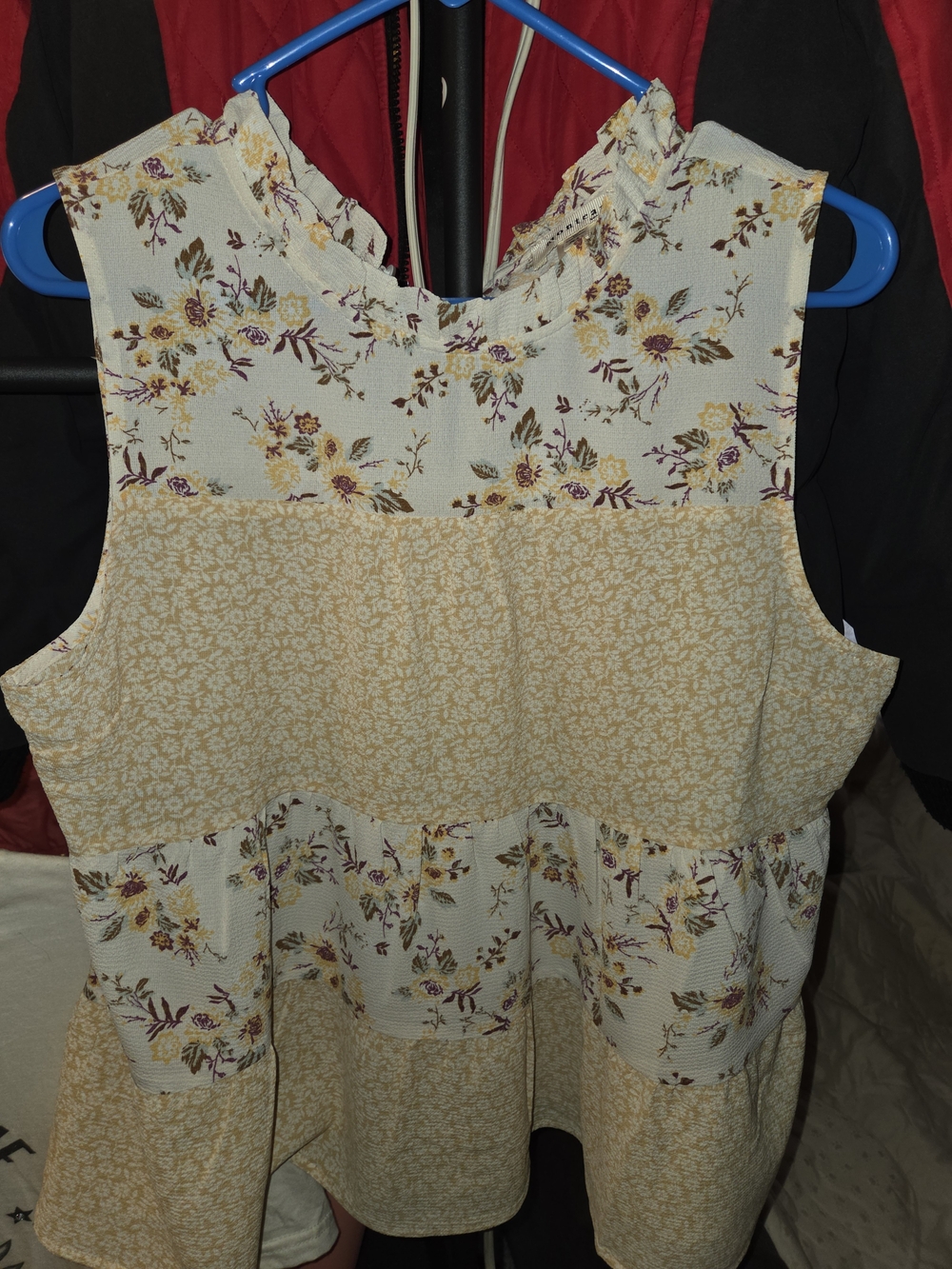 Monteau Cream Floral Tiered Tank with Yellow and Purple Blooms